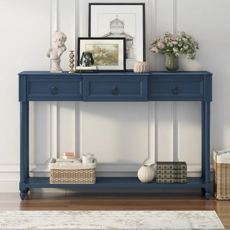 Distressed Console Table with 3 Drawers and Shelf
