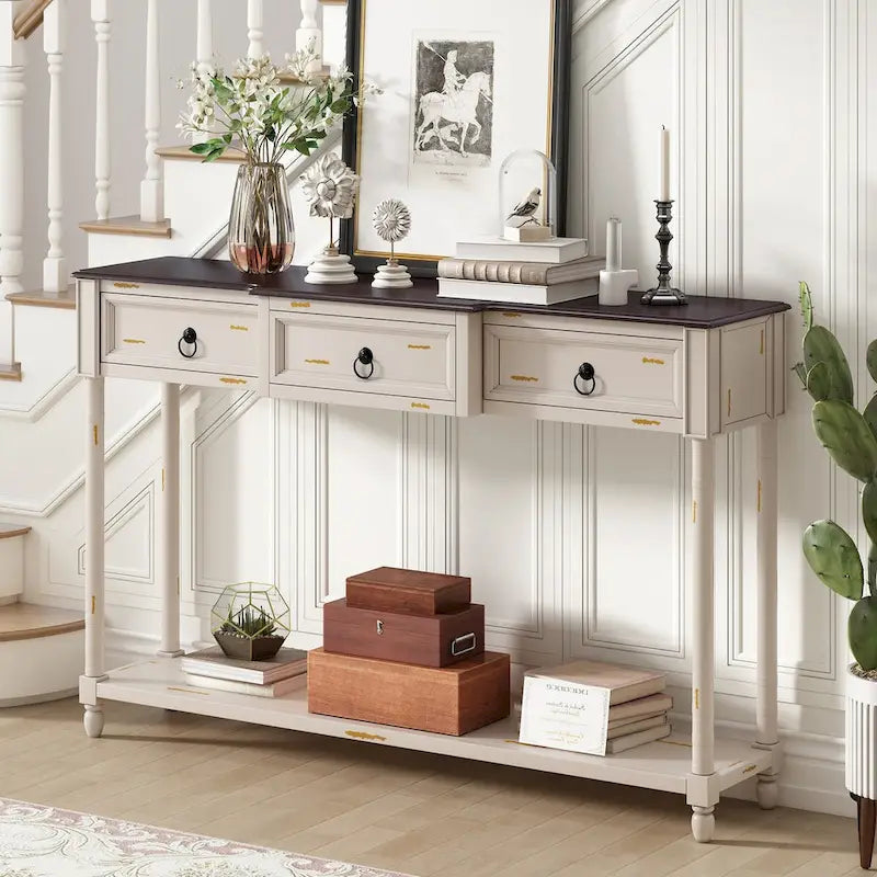 Distressed Console Table with 3 Drawers and Shelf