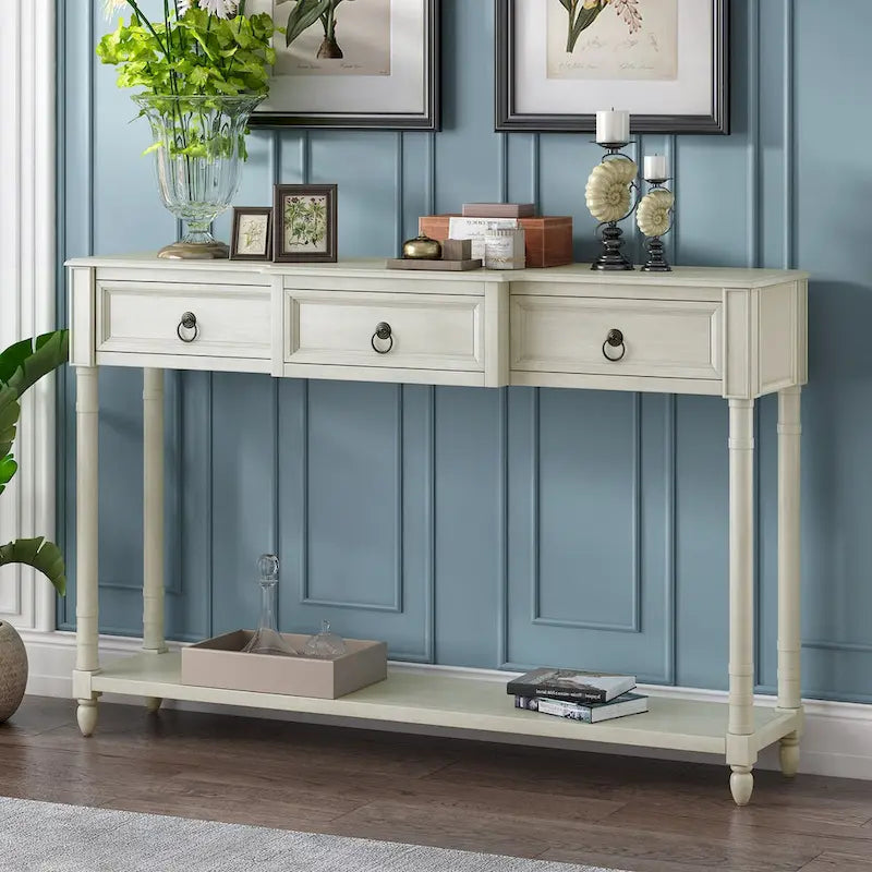 Distressed Console Table with 3 Drawers and Shelf