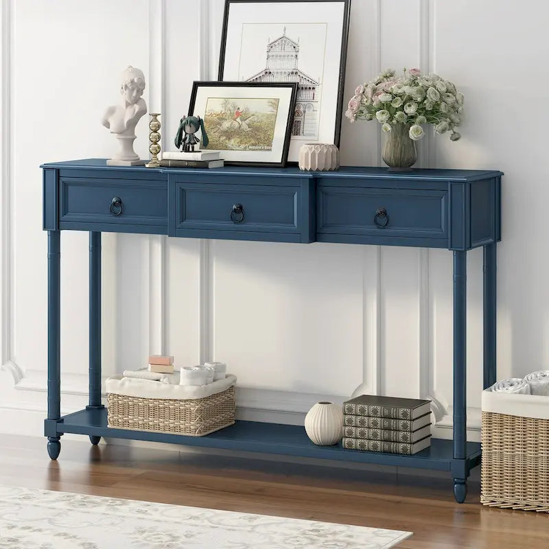 Distressed Console Table with 3 Drawers and Shelf