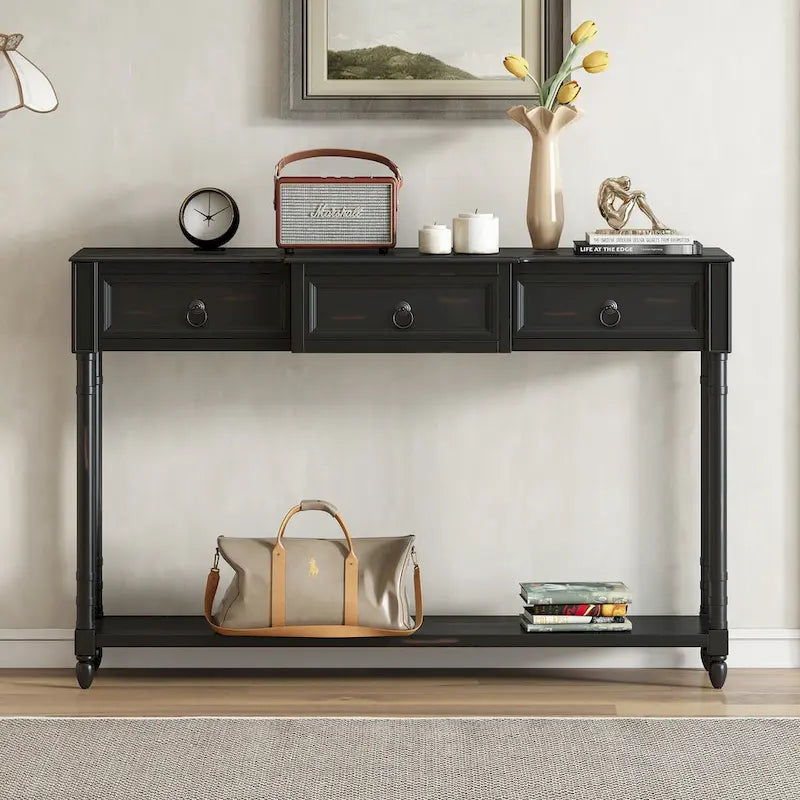 Distressed Console Table with 3 Drawers and Shelf
