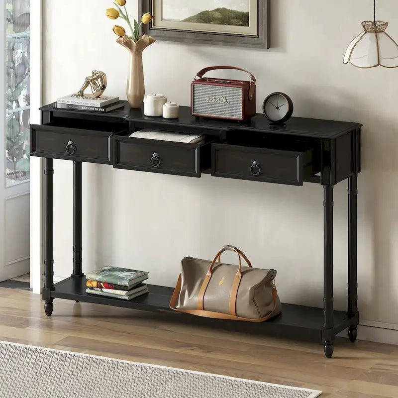 Distressed Console Table with 3 Drawers and Shelf