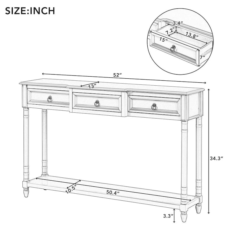 Distressed Console Table with 3 Drawers and Shelf
