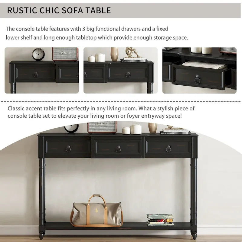 Distressed Console Table with 3 Drawers and Shelf