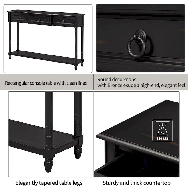 Distressed Console Table with 3 Drawers and Shelf