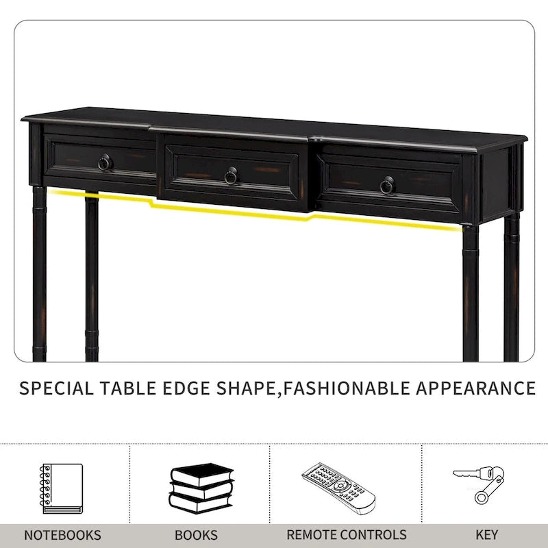 Distressed Console Table with 3 Drawers and Shelf