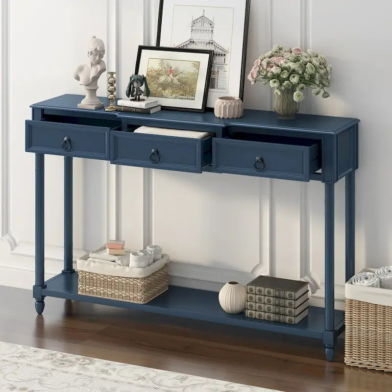 Distressed Console Table with 3 Drawers and Shelf