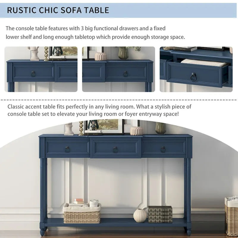 Distressed Console Table with 3 Drawers and Shelf