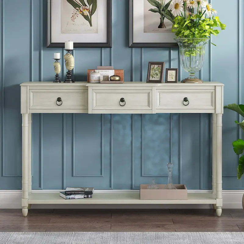 Distressed Console Table with 3 Drawers and Shelf