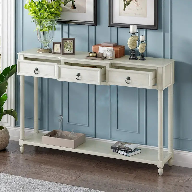 Distressed Console Table with 3 Drawers and Shelf