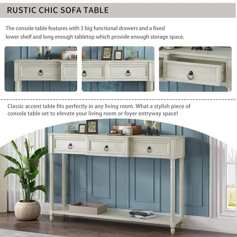 Distressed Console Table with 3 Drawers and Shelf