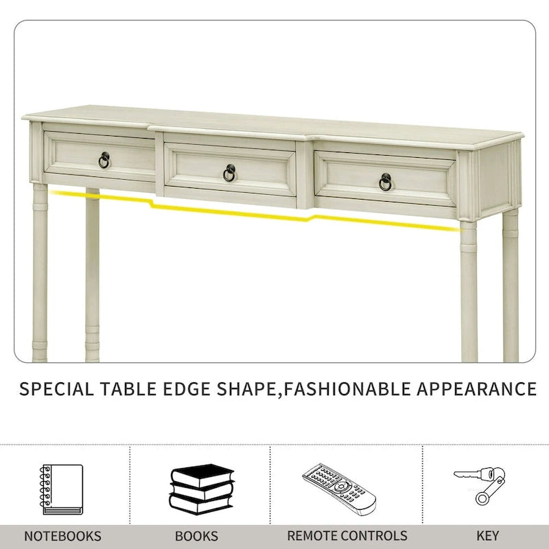Distressed Console Table with 3 Drawers and Shelf
