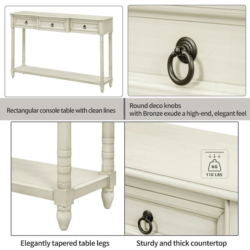 Distressed Console Table with 3 Drawers and Shelf