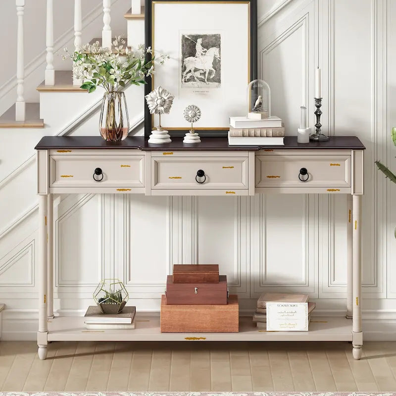 Distressed Console Table with 3 Drawers and Shelf