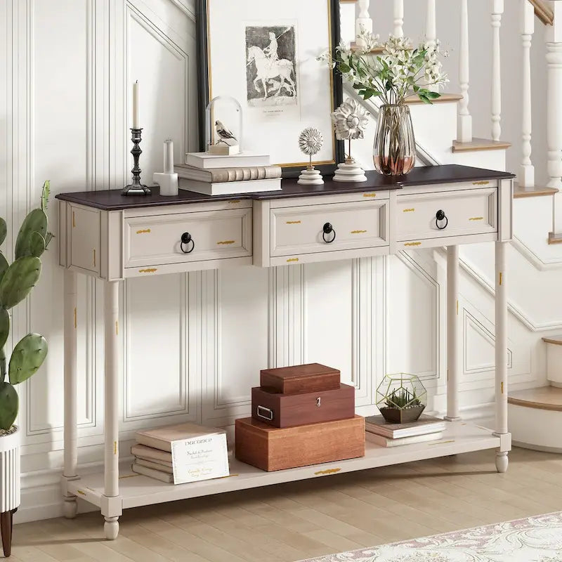 Distressed Console Table with 3 Drawers and Shelf