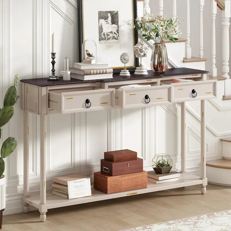 Distressed Console Table with 3 Drawers and Shelf