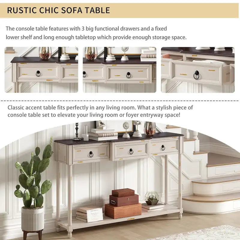 Distressed Console Table with 3 Drawers and Shelf