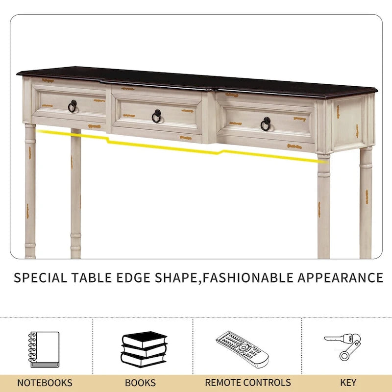 Distressed Console Table with 3 Drawers and Shelf