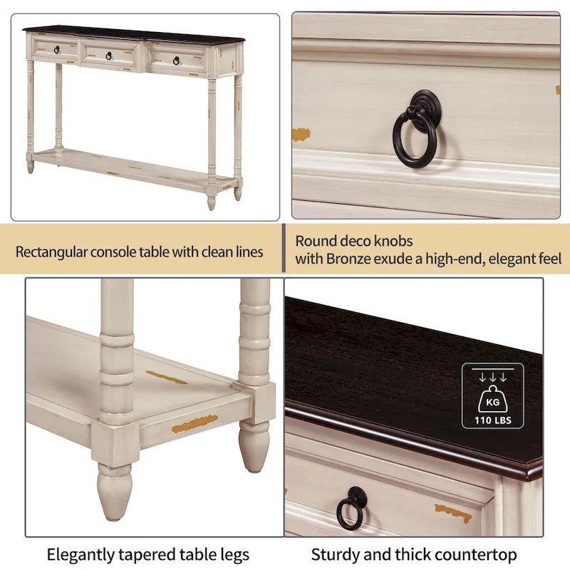 Distressed Console Table with 3 Drawers and Shelf