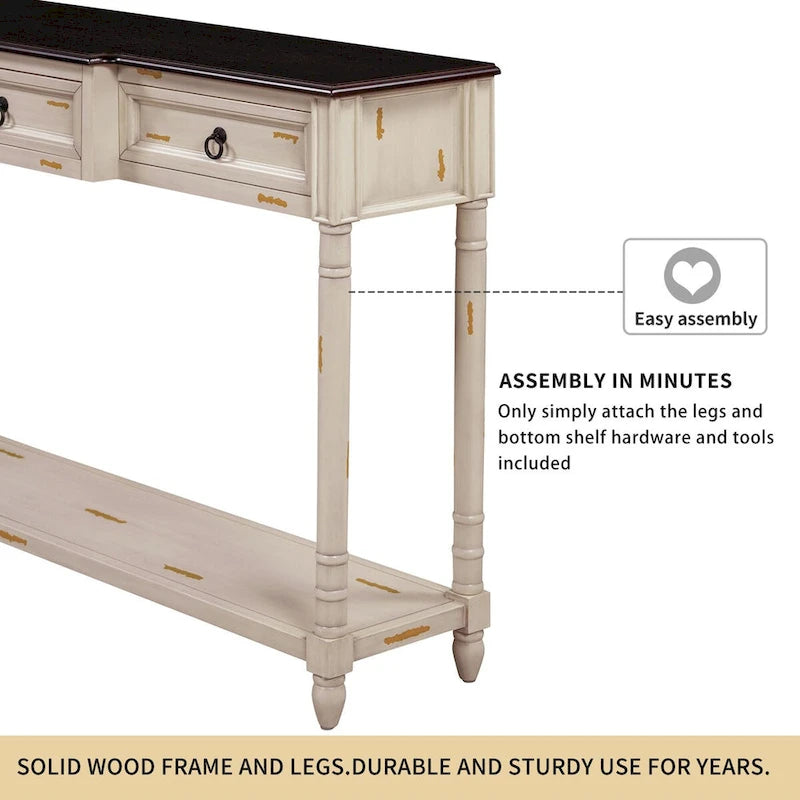 Distressed Console Table with 3 Drawers and Shelf