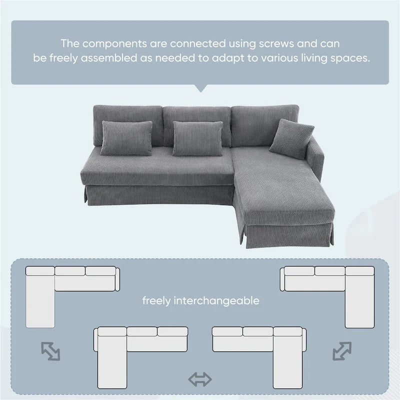 L-shaped Corduroy Sofa with Reversible Chaise
