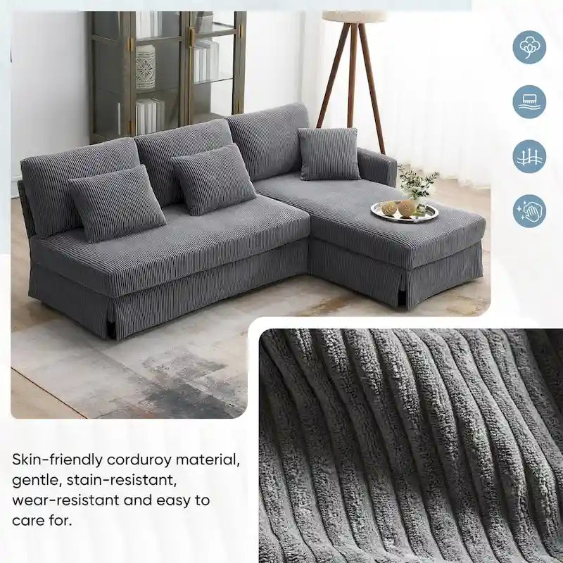 L-shaped Corduroy Sofa with Reversible Chaise