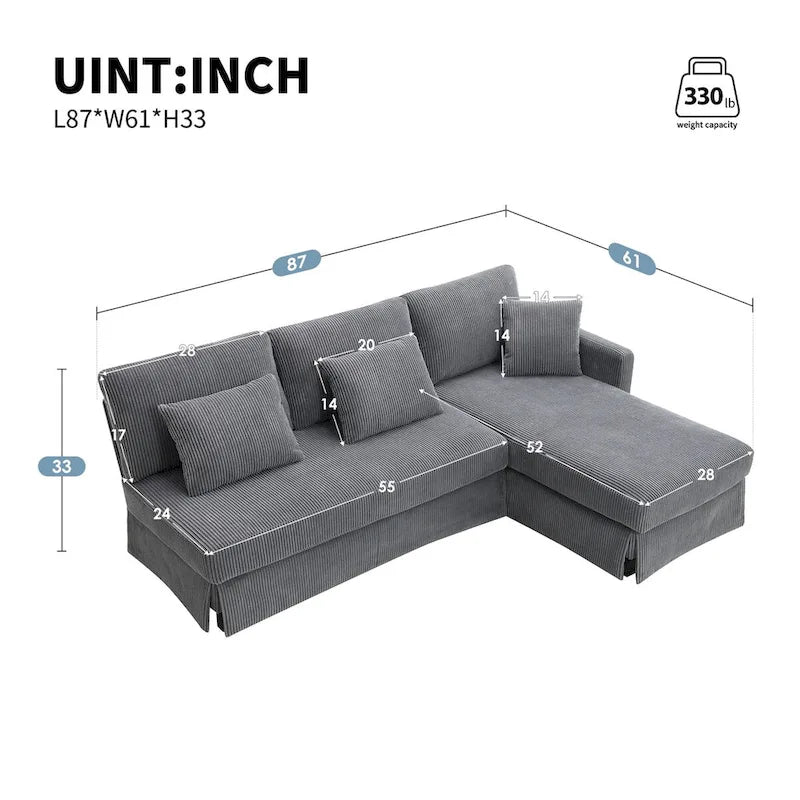 L-shaped Corduroy Sofa with Reversible Chaise