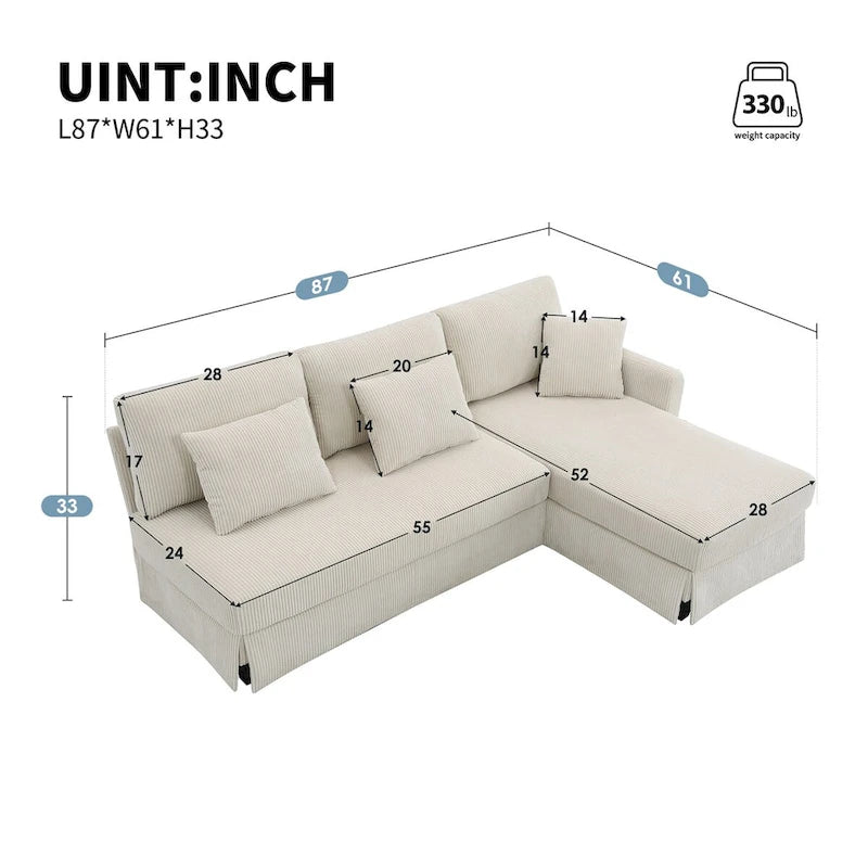 L-shaped Corduroy Sofa with Reversible Chaise
