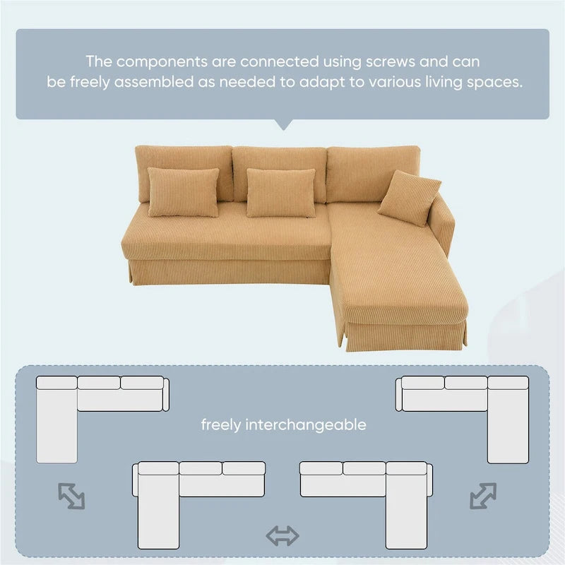 L-shaped Corduroy Sofa with Reversible Chaise
