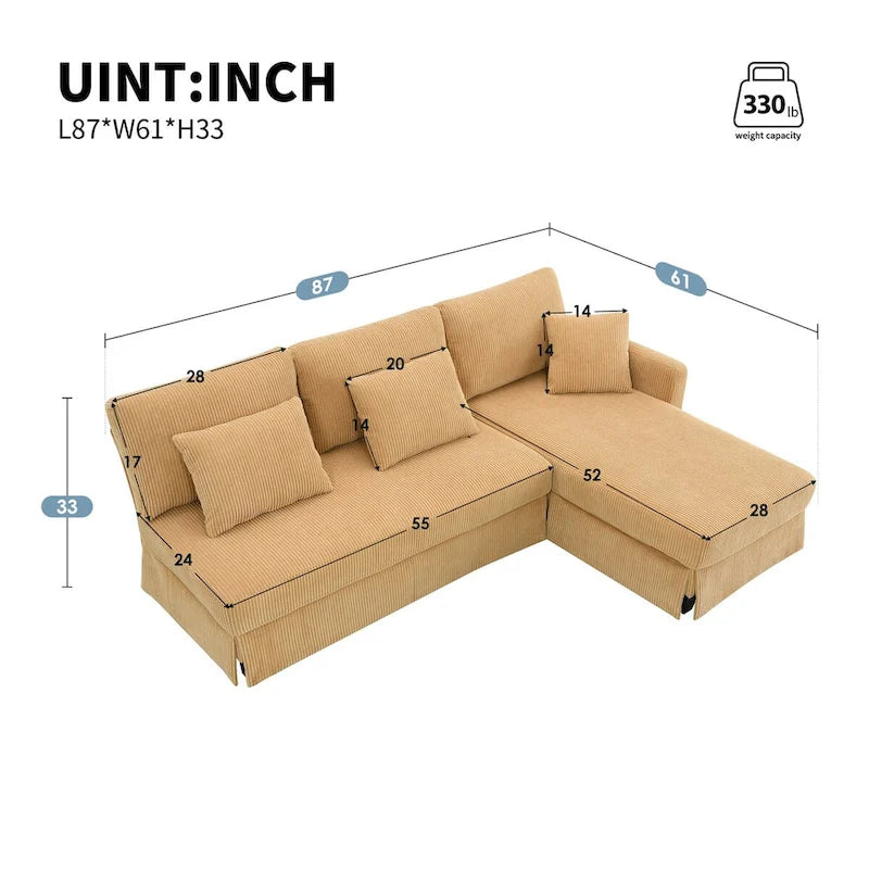 L-shaped Corduroy Sofa with Reversible Chaise