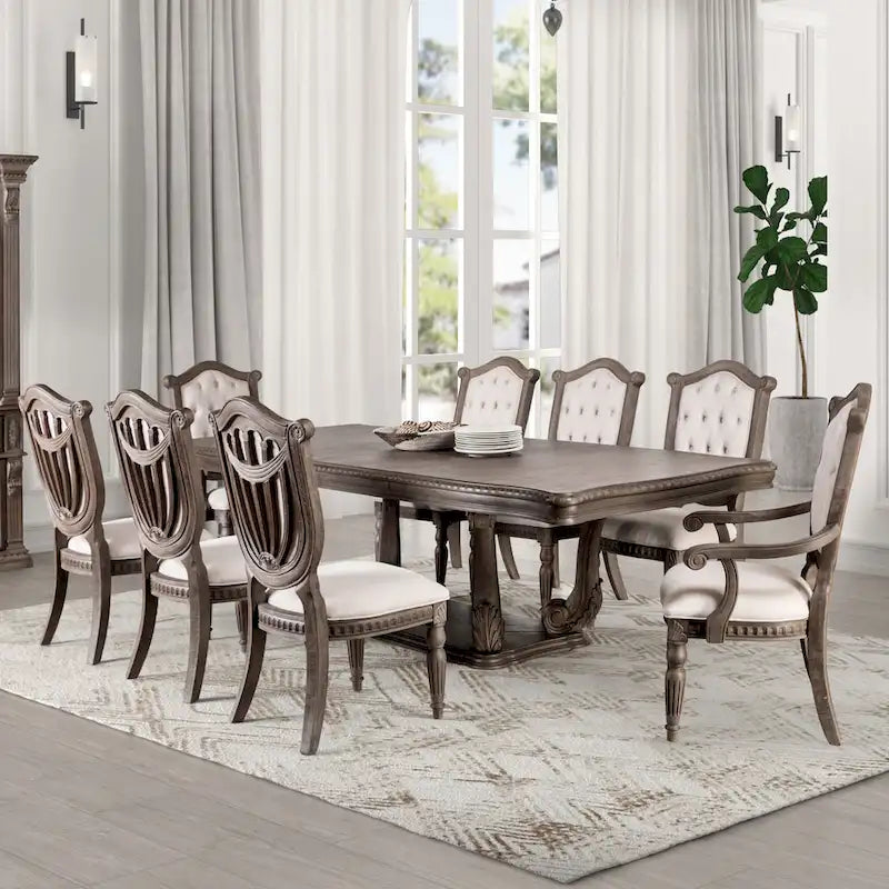 Furniture of America Cassian Traditional 9-Piece Weathered Oak Solid Wood Expandable Dining Table Set